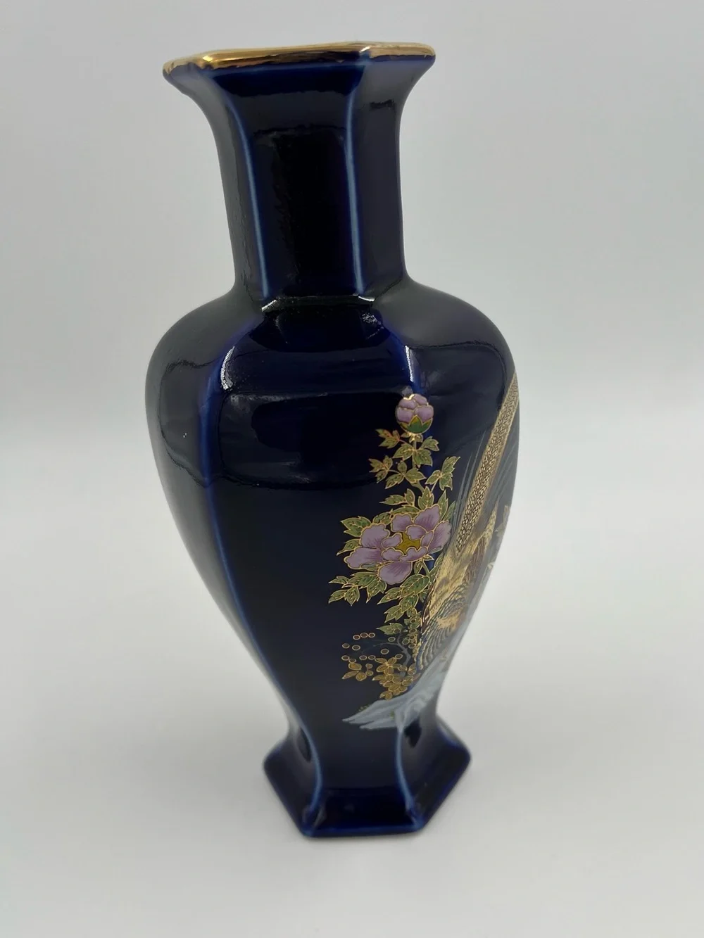 Vintage Japanese Blue Cobalt Porcelain Floral Gold Pheasant Vase 8” Tall